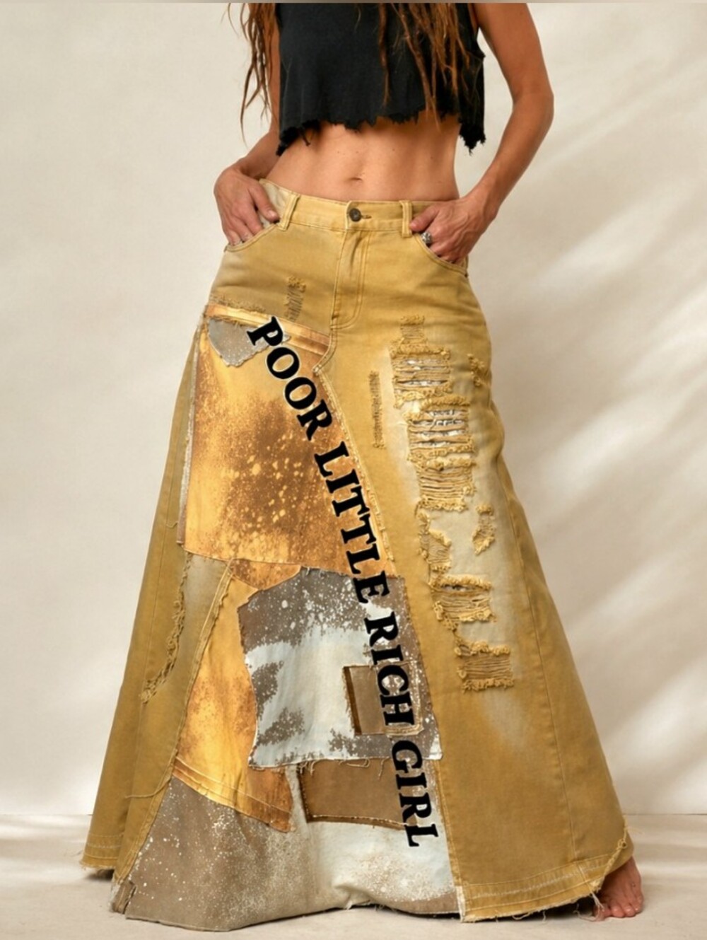 Upcycled Couture concept Designer Maxi Skirt Mustard Denim ShabbyChic